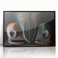 Large abstract wall art featuring geometric shapes in muted gray and black, acrylic print in black frame.