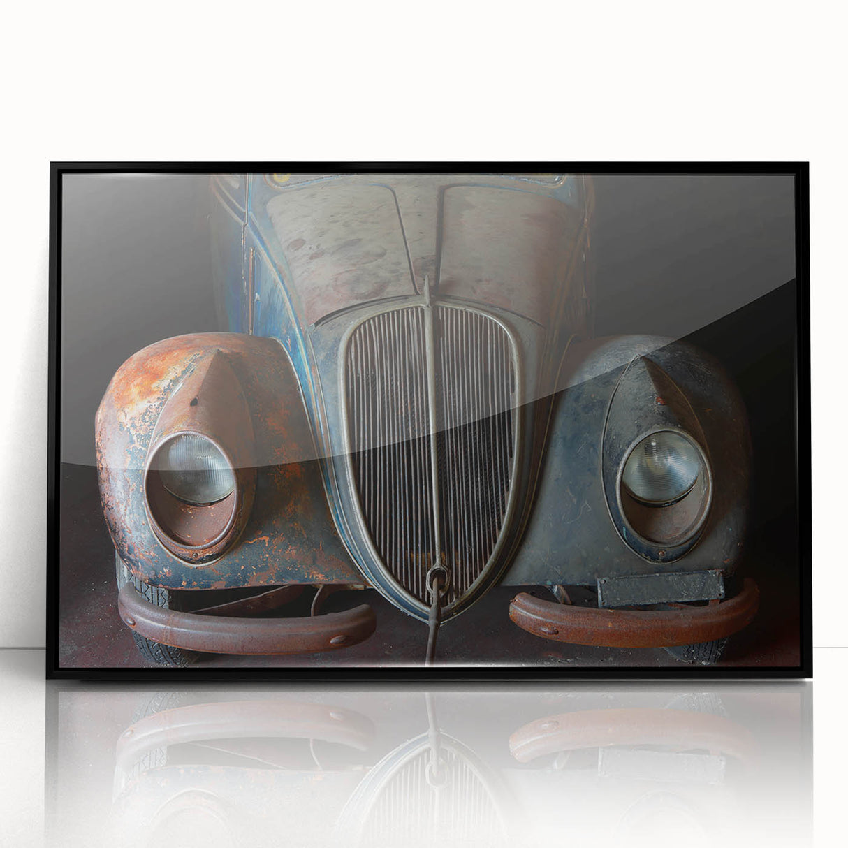 Large abstract wall art featuring geometric shapes in muted gray and black, acrylic print in black frame.