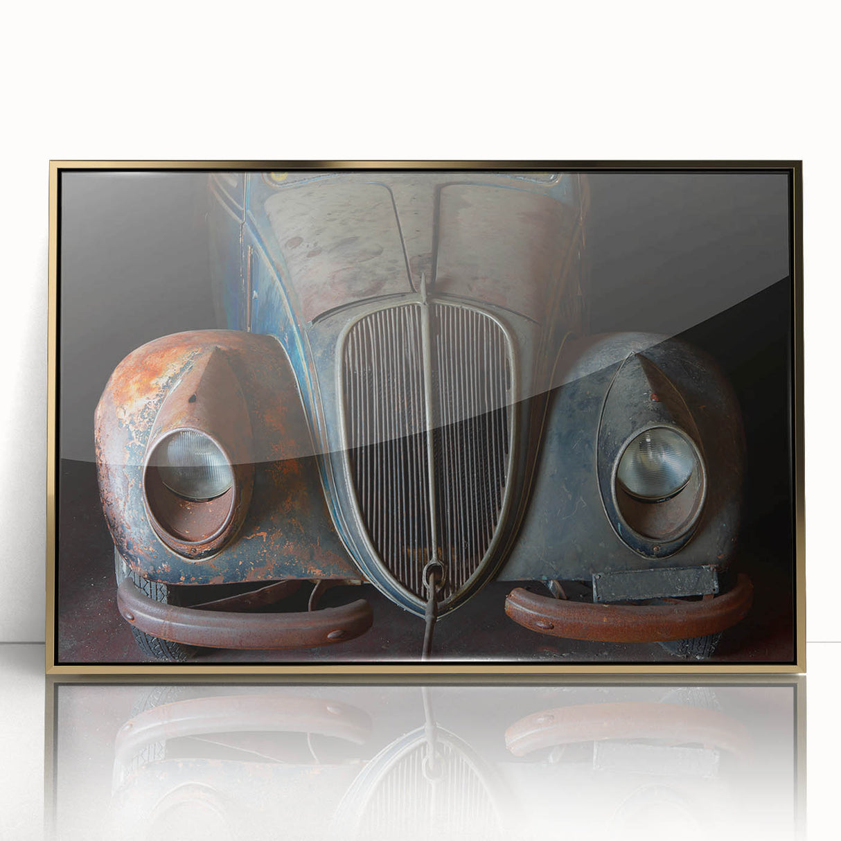 Mid-century modernist derelict architectural design in gold and neutral tones, acrylic framed print.