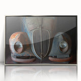 Mid-century modernist art depicting an abstract cityscape in muted gray and blue tones on a silver-framed acrylic print.