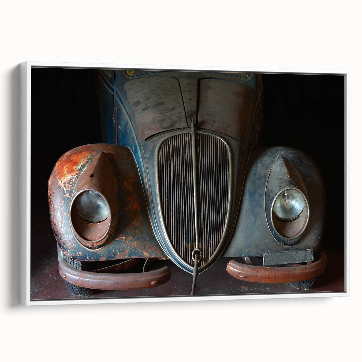 Vintage poster art of a derelict building in muted black and gray tones on a large framed canvas.