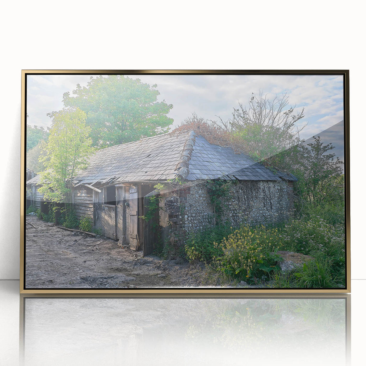 Large acrylic print of a mid-century modernist derelict building in muted browns, ideal for modern art wall decor.