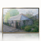 Large acrylic print of a mid-century modernist derelict building in muted browns, ideal for modern art wall decor.