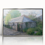 Mid-century modernist art depicting a derelict building in muted gray tones on a framed acrylic.
