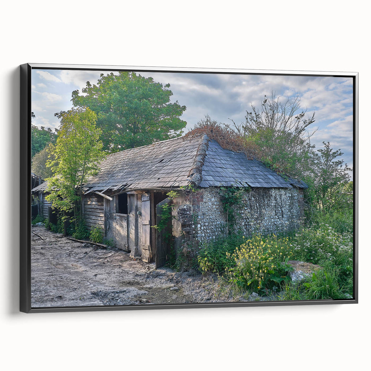 Vintage poster art of a derelict building in muted black and gray tones on a framed canvas, suitable for bedroom wall art.