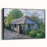 Vintage poster art of a derelict building in muted black and gray tones on a framed canvas, suitable for bedroom wall art.