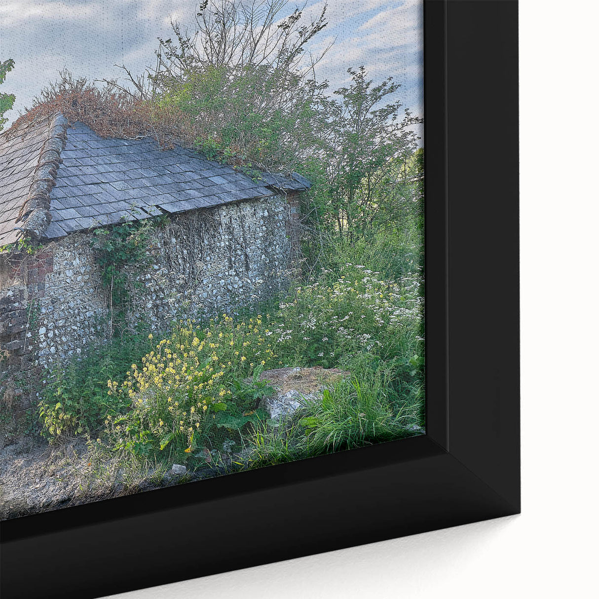 Black and white framed canvas featuring a vintage landscape painting, ideal for bedroom wall decor.