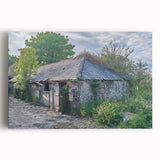 Black and white photo of a derelict building on stretched canvas, ideal for kitchen art.