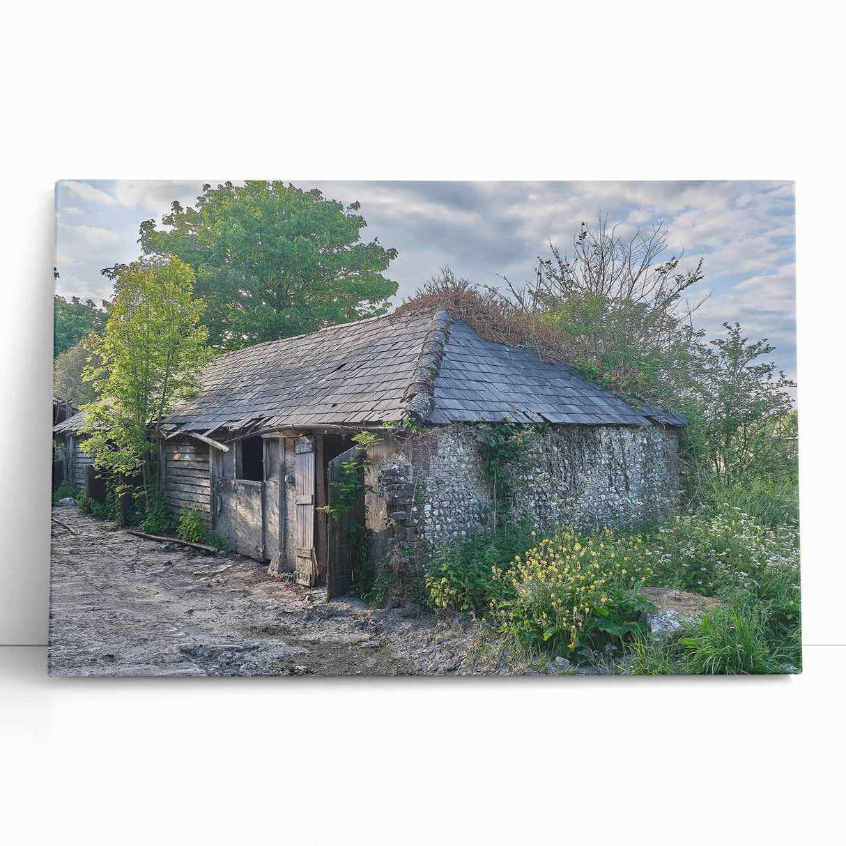 Large black and white photo of a derelict building on stretched canvas, ideal for kitchen wall art or bedroom decor.