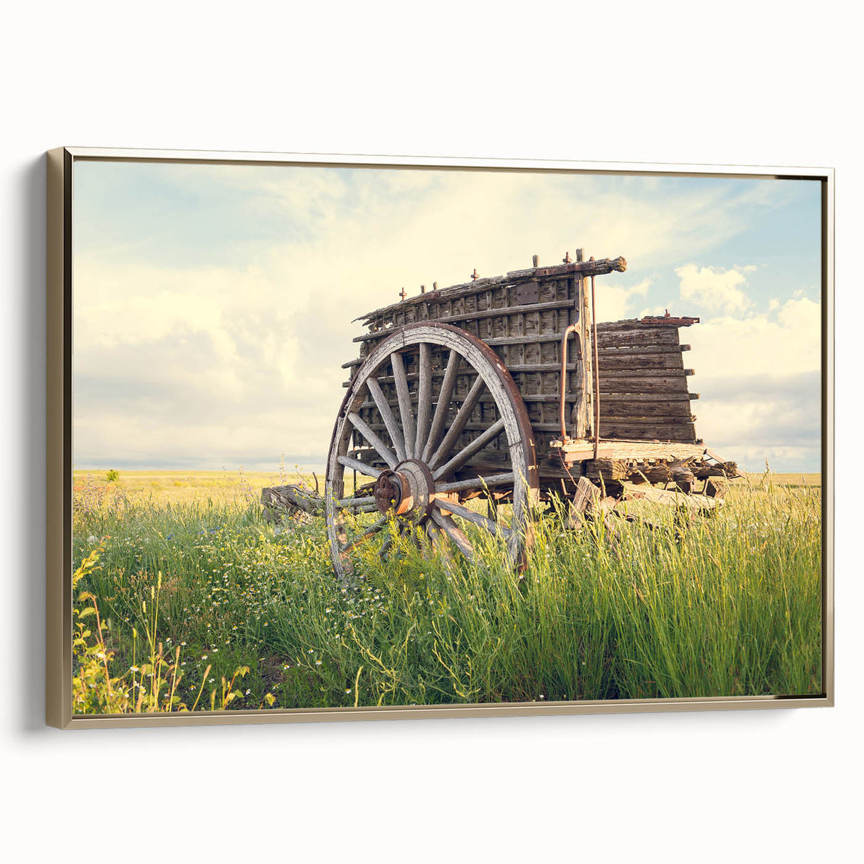 Vintage poster art of a derelict building in muted black and gold tones on a framed canvas, ideal for bedroom wall art.
