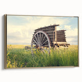 Vintage poster art of a derelict building in muted black and gold tones on a framed canvas, ideal for bedroom wall art.