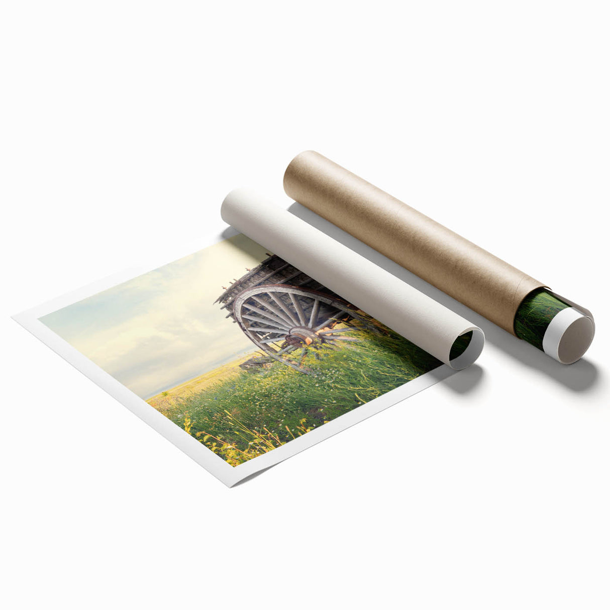 Extra large rolled print depicting a derelict building in muted gray and blue, ideal for classy bathroom wall art.