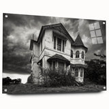 Large abstract wall art on acrylic glass depicting a derelict building in muted gray and blue tones.