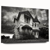 Large abstract wall art on acrylic glass depicting a derelict building, in muted grays.