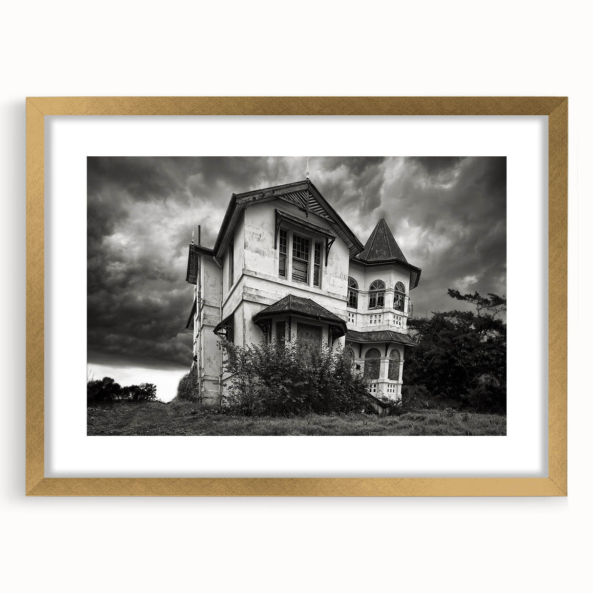 Extra large abstract art print featuring textured layers in muted earth tones, displayed in a gold frame.