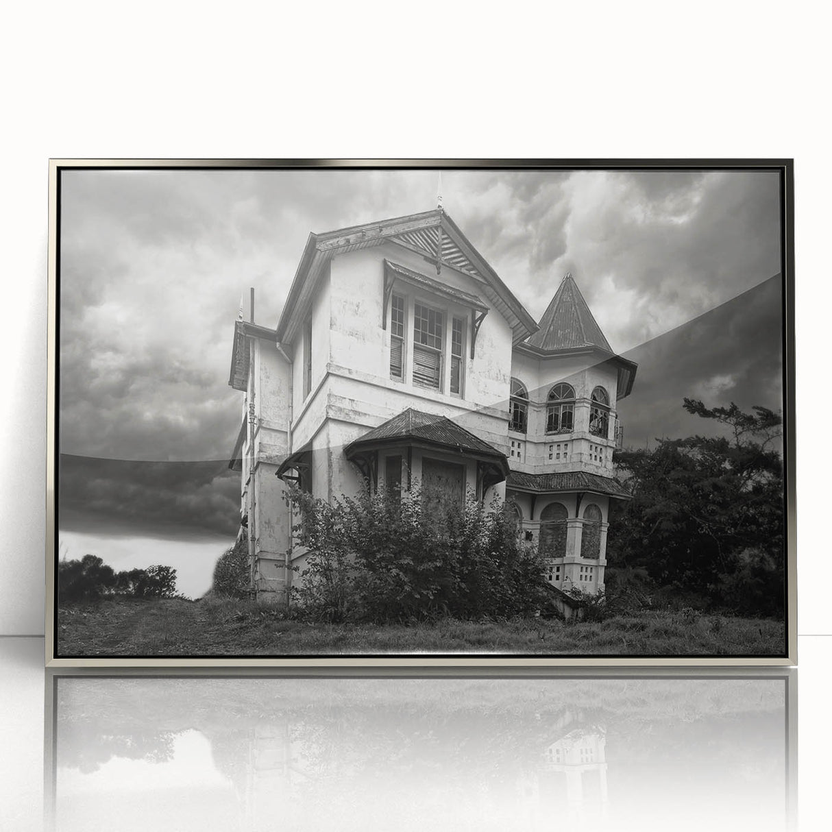 Mid-century modernist art depicting a silver-toned architectural design on acrylic, ideal for modern art wall decor.