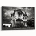 Black and white vintage poster art of a derelict building on framed canvas, ideal for bedroom wall decor.