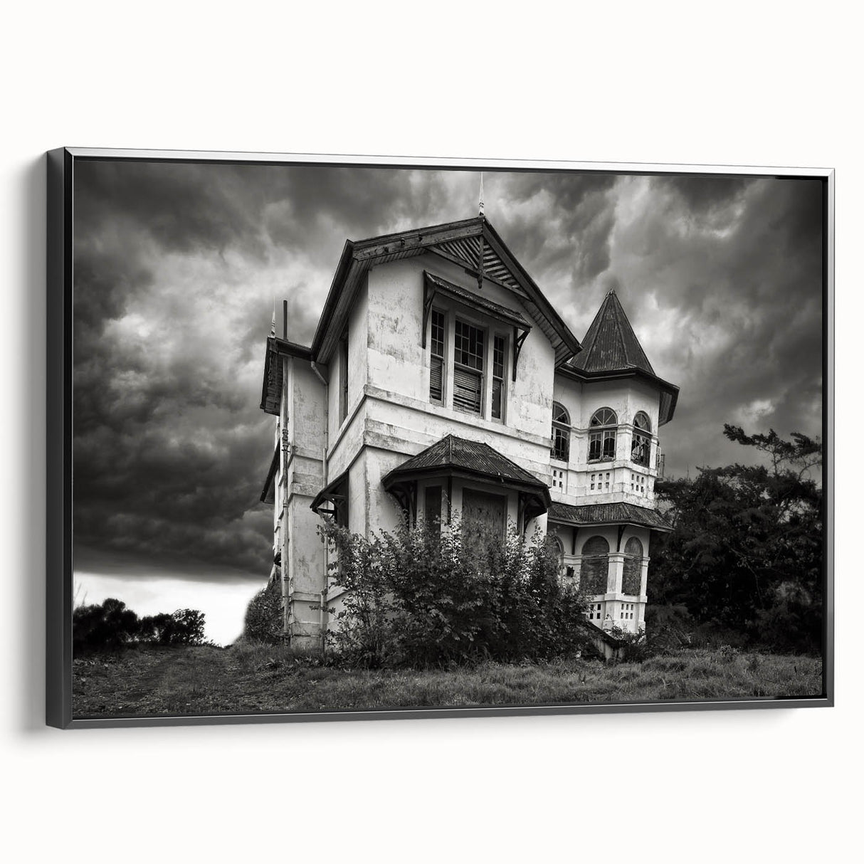 Black and white vintage poster art of a derelict building on framed canvas, ideal for bedroom wall decor.