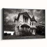 Black and white vintage poster art of a derelict building on framed canvas, ideal for bedroom wall decor.