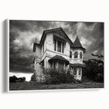 Vintage poster art of a dilapidated building in muted gray and black tones on a framed canvas, ideal for living room decor.