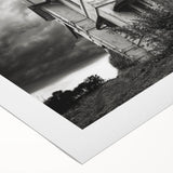 Art deco poster of a derelict building in muted gray tones on rolled canvas, suitable for dining room wall art.