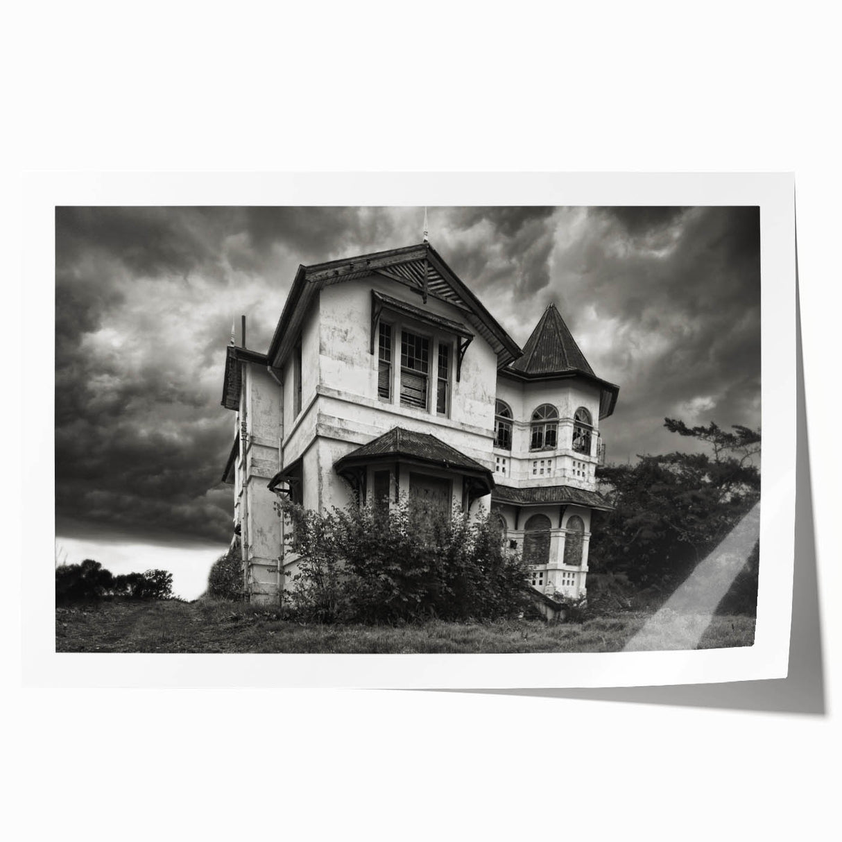 Extra large rolled print of a derelict building in muted gray tones, ideal for art wall dining room.