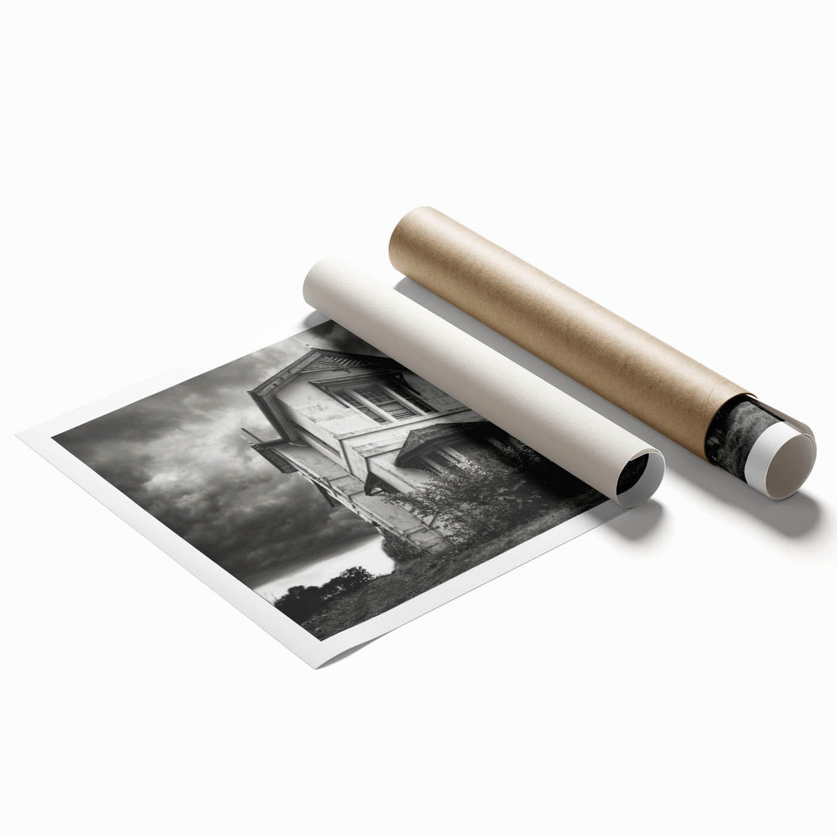 Extra large rolled print of a derelict building in muted grays and blues.