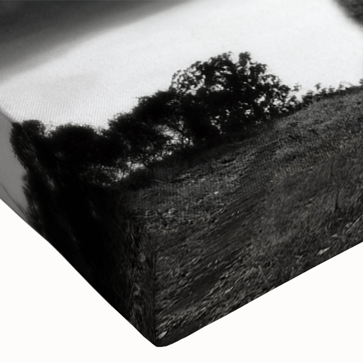Black and white landscape art painting of a derelict building on stretched canvas, suitable for bedroom wall art.