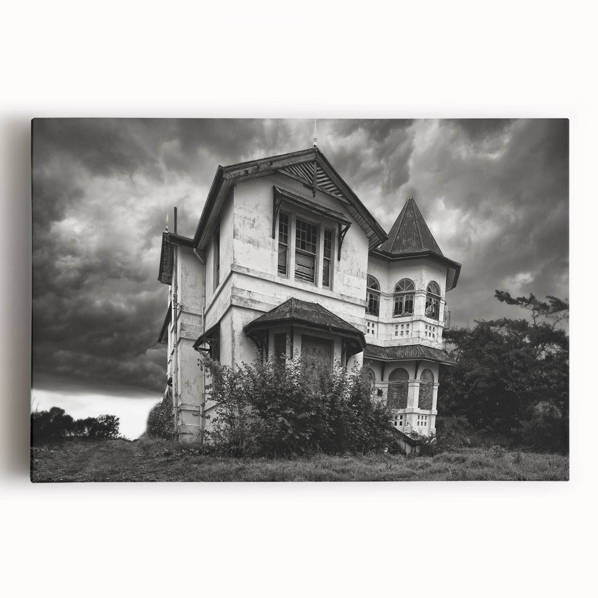 Black and white photo of an abandoned building on stretched canvas, suitable as large kitchen wall art.