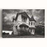 Black and white photo of an abandoned building on stretched canvas, suitable as large kitchen wall art.