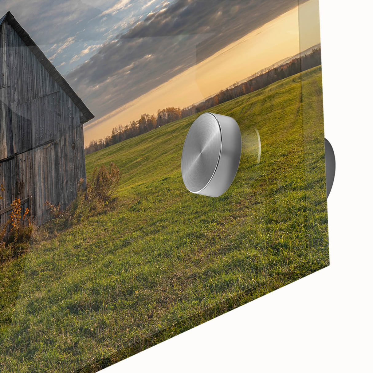 Large abstract wall art in mid-century modernist style, featuring a blend of muted gray and blue tones on acrylic glass.