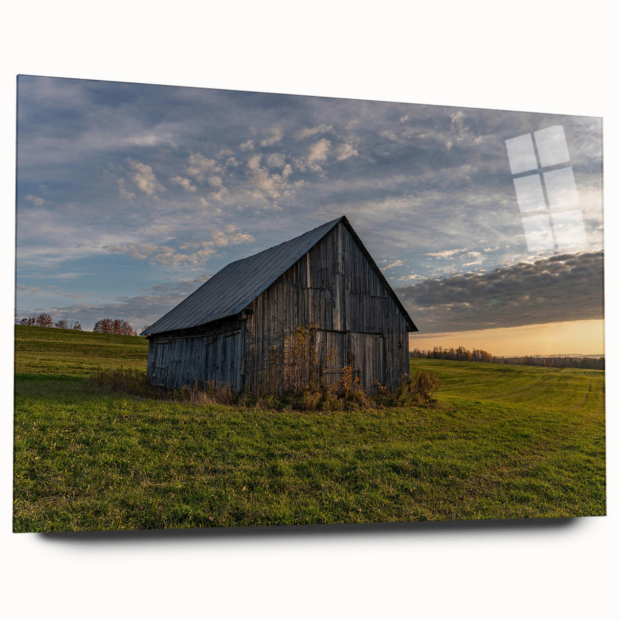 Large abstract wall art on acrylic glass depicting architectural forms in muted grays and blues.
