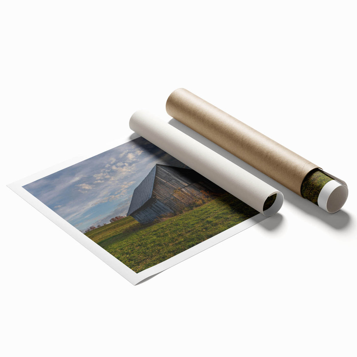 Extra large rolled print of a derelict building in muted gray tones, suitable for classy bathroom wall art.