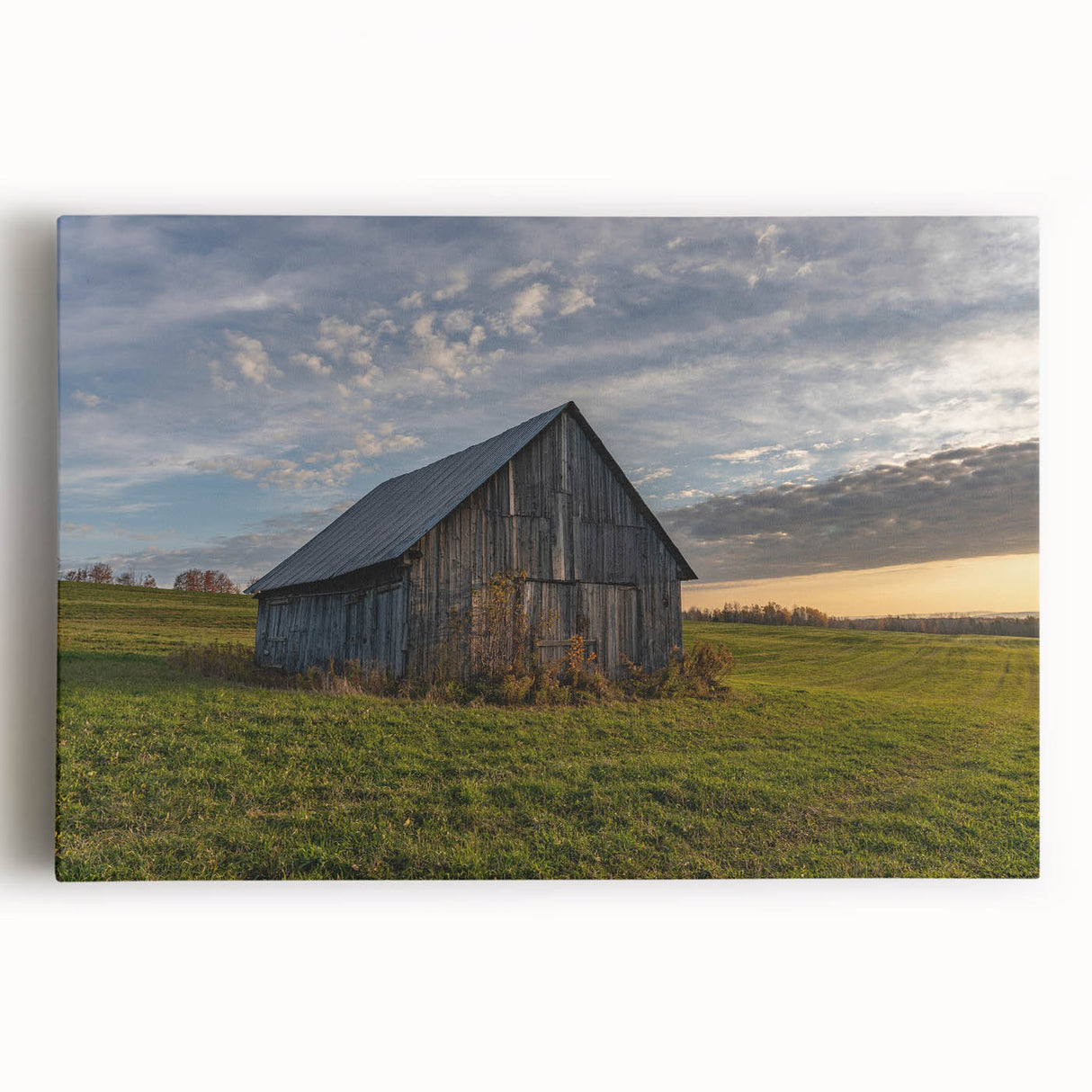 Black and white photograph of a derelict building on stretched canvas, suitable for kitchen wall art.