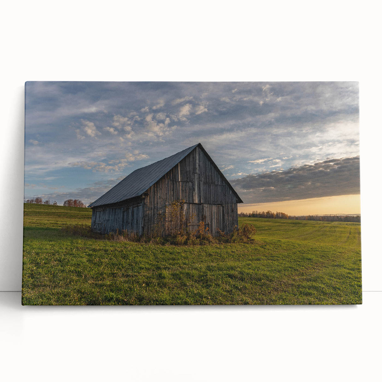 Black and white photo of a derelict building on a large stretched canvas.