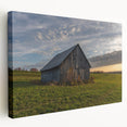 Side view of a large stretched canvas depicting a derelict building in muted gray tones, suitable for kitchen wall art.