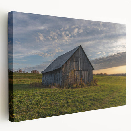 Side view of a large stretched canvas depicting a derelict building in muted gray tones, suitable for kitchen wall art.