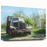 Large abstract wall art depicting a derelict building in muted grays and blues on acrylic glass.