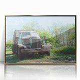 Mid-century modernist large art print of an abstract cityscape in muted gold tones, framed in acrylic.