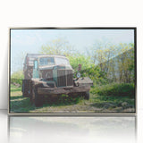 Mid-century modernist art featuring a geometric abstract design in muted tones on framed acrylic.