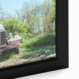 Black and white vintage poster art of a derelict building on framed canvas, suitable for bedroom decor.