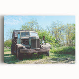 Black and white photograph of a derelict building on a stretched canvas, suitable as large kitchen or bedroom wall art.