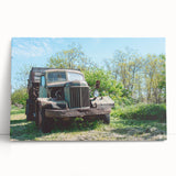 Large black and white photograph on canvas of a dilapidated building, suitable for kitchen wall art.