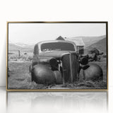 Mid-century modernist large art print of a geometric abstract design in gold and black, framed acrylic.