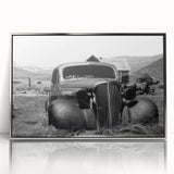 Mid-century modernist art of a geometric abstract design in silver and gray tones on an acrylic print.