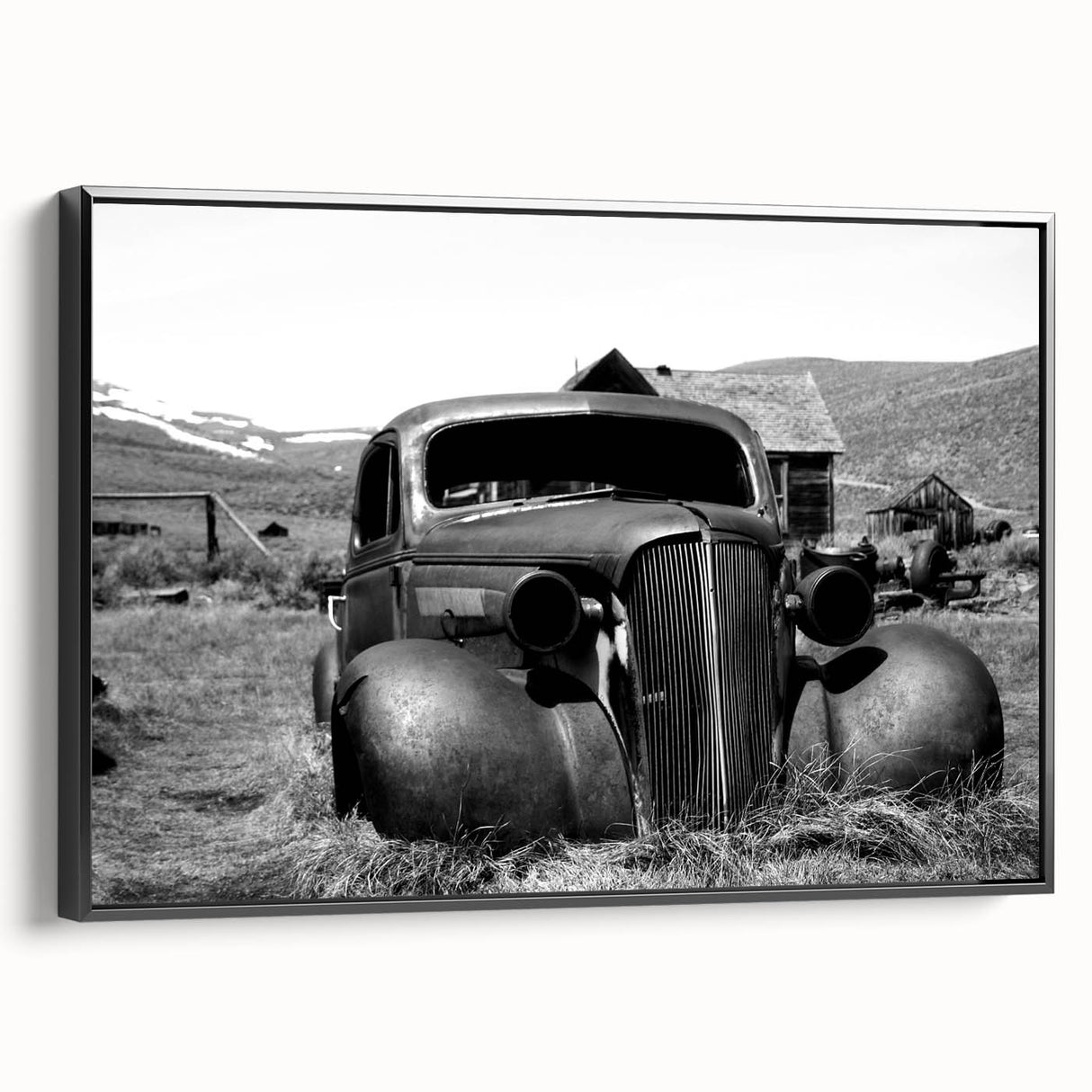 Black and white vintage poster art of a derelict building, printed on framed canvas, suitable for bedroom wall decor.