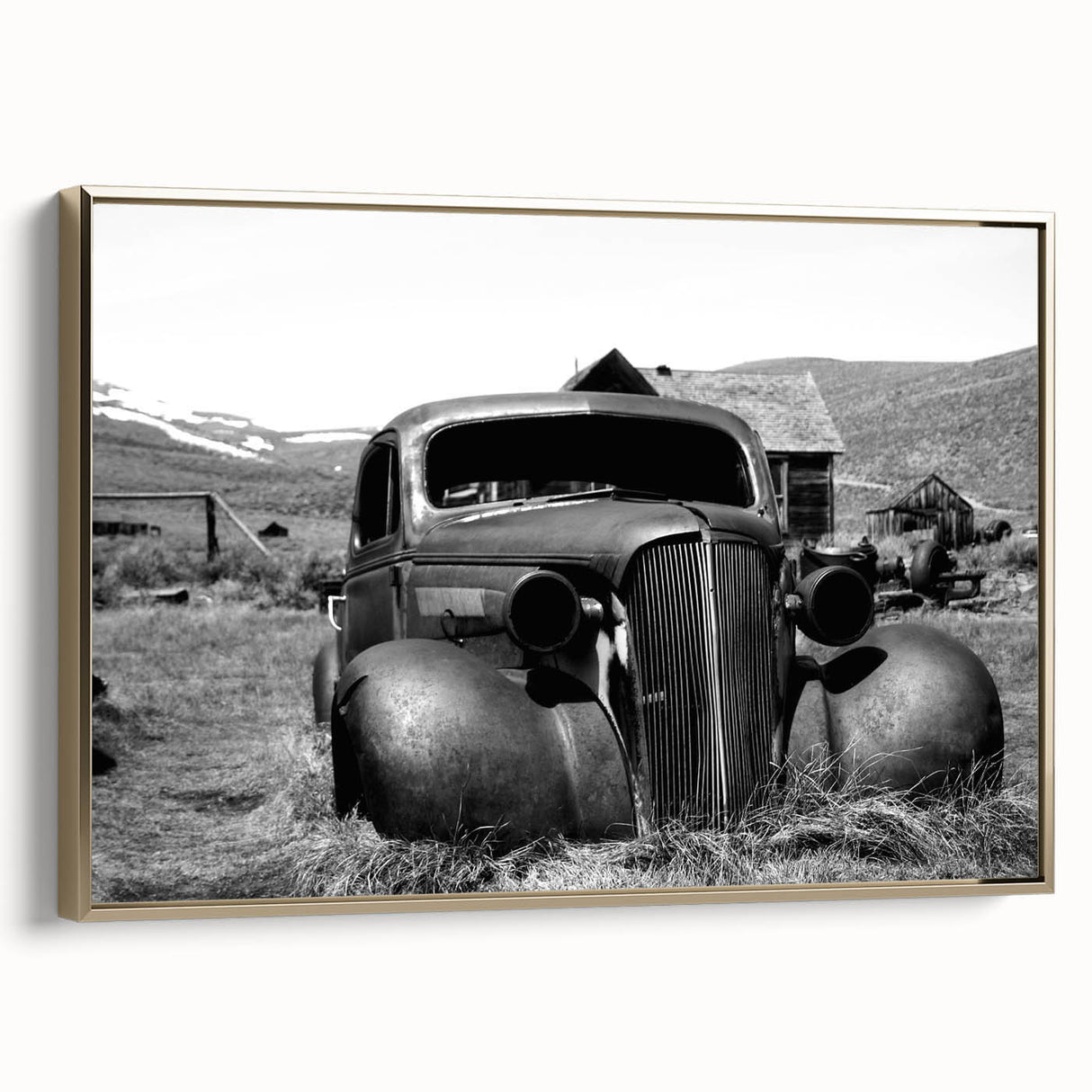 Framed canvas showing a vintage black and white landscape painting, ideal for bedroom wall art.
