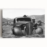 Black and white photo of a derelict building on stretched canvas, suitable as large kitchen wall art or bedroom decor.