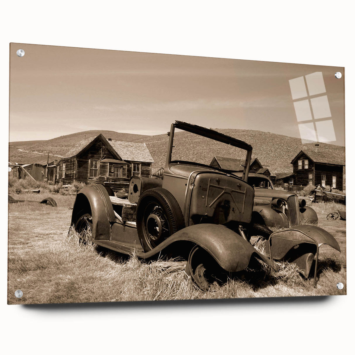 Large abstract wall art on acrylic glass depicting architectural dereliction in muted grays and blues.