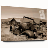 Large abstract wall art on acrylic glass depicting derelict architectural design in neutral tones.